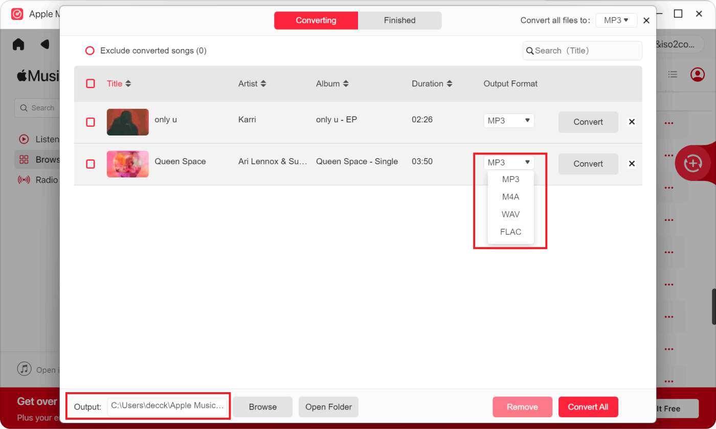 Scegli il formato di output per i brani