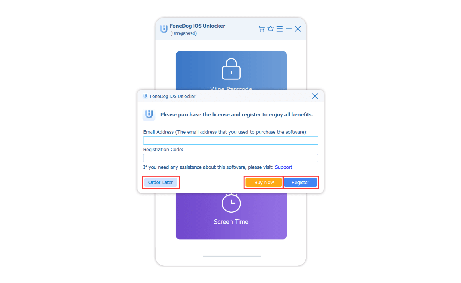Inserisci l'indirizzo e-mail e la chiave di licenza per registrare iOS Unlocker