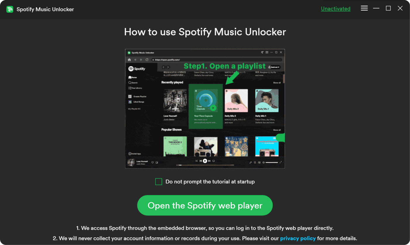 Spotify 웹 플레이어를 열어 Spotify 재생 목록을 MP3로 다운로드하려면 탭하세요.