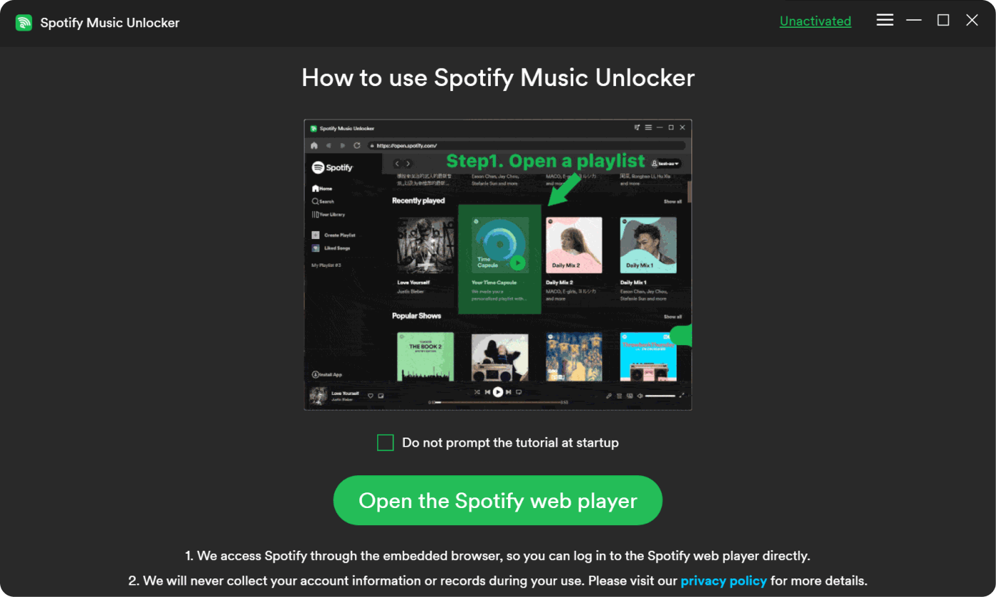 Il miglior strumento di conversione da Spotify a MP3: Spotify Music Unlocker - Apri Web Player