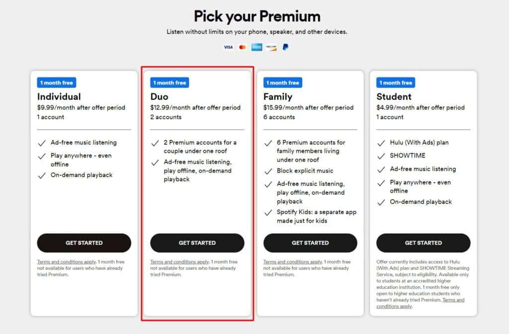 Spotify Pricing Packages