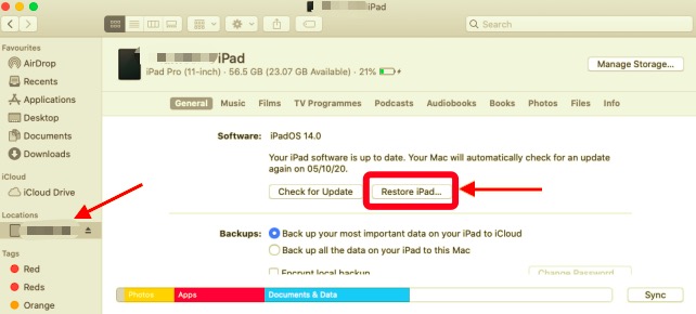 使用 iTunes 在 iPad 上重置密码