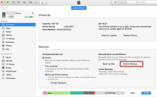 Uso de iTunes para restaurar la copia de seguridad después de desbloquear TracFone iPhone 5S