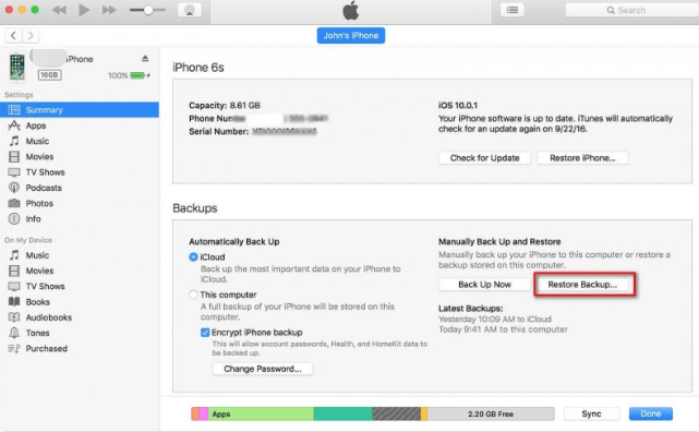 Używanie iTunes do przywracania kopii zapasowej po odblokowaniu TracFone iPhone 5S