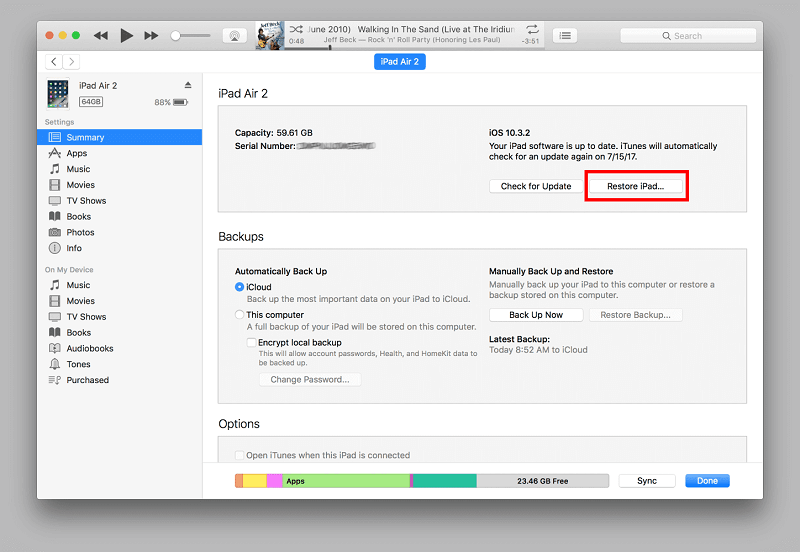 استخدام iTunes لمسح iPad بدون رمز المرور