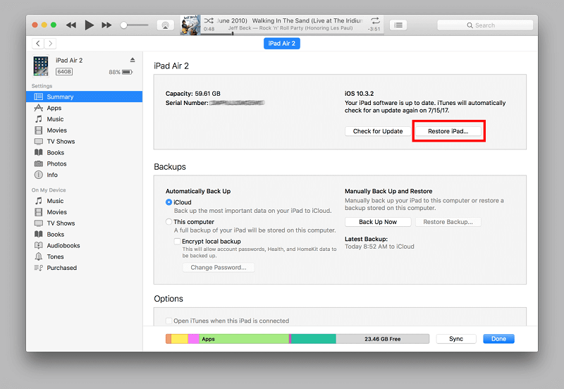 Uso de iTunes para borrar iPad sin contraseña