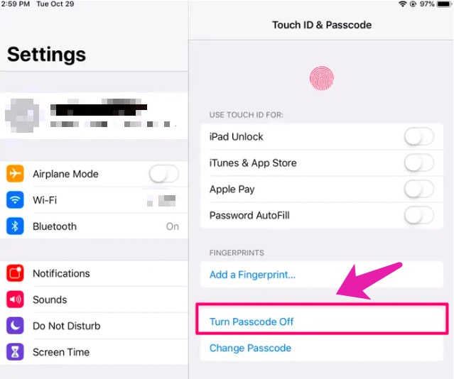 Ta bort lösenord från iPad via Inställningar