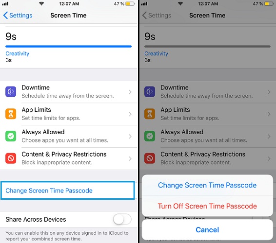 Disattiva Passcode tempo schermo