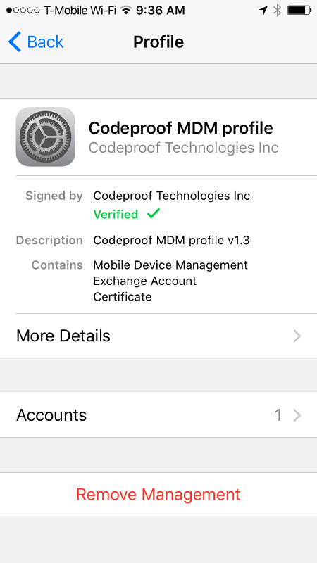 刪除 Codeproof MDM 配置文件的管理以刪除 School iPad 上的設備管理