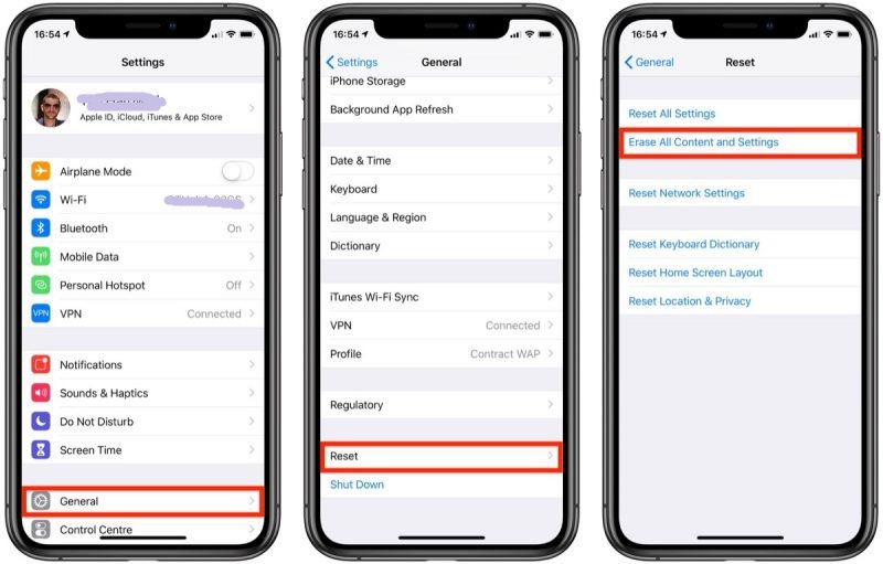 Ripristino delle impostazioni di fabbrica dell'iPhone per rimuovere l'ID Apple dall'iPhone dopo il processo di ripristino