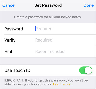 Ställ in Notes-lösenord i iOS 11/12/16