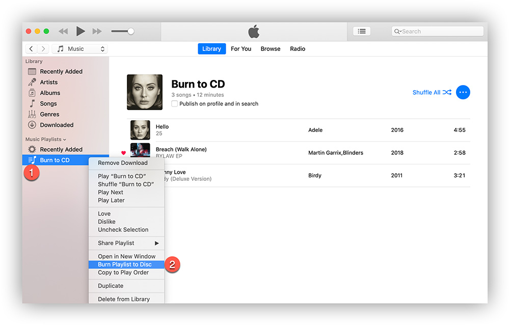 حرق قوائم التشغيل على قرص مضغوط في iTunes