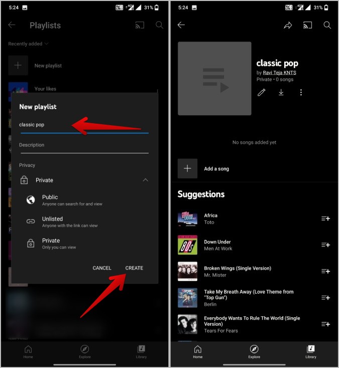 YouTube Music: crea una nuova playlist