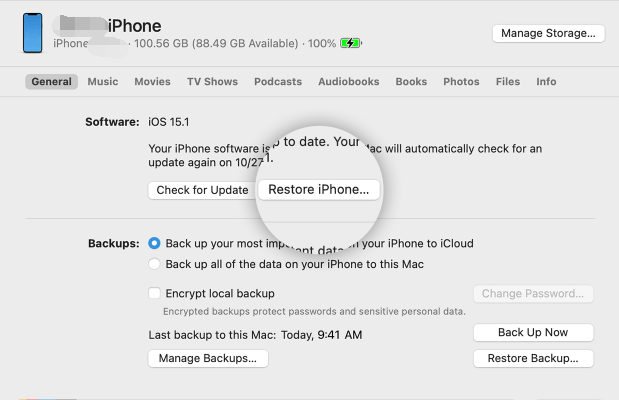 Usando o iTunes para desbloquear o iPhone 8 sem senha ou impressão digital
