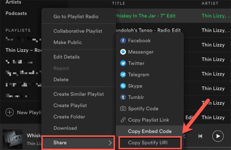 Export playlists from Spotify as URI