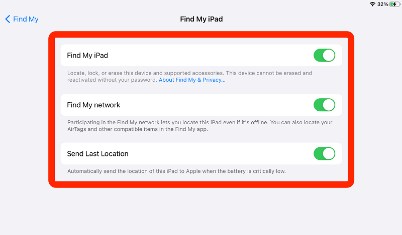 Attiva Invia ultima posizione per sbloccare il passcode dell'iPad senza ripristino