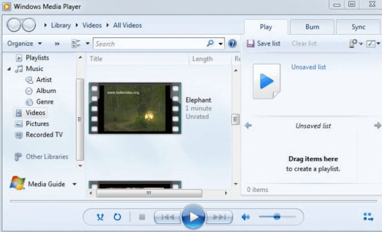 Interfejs programu Windows Media Player